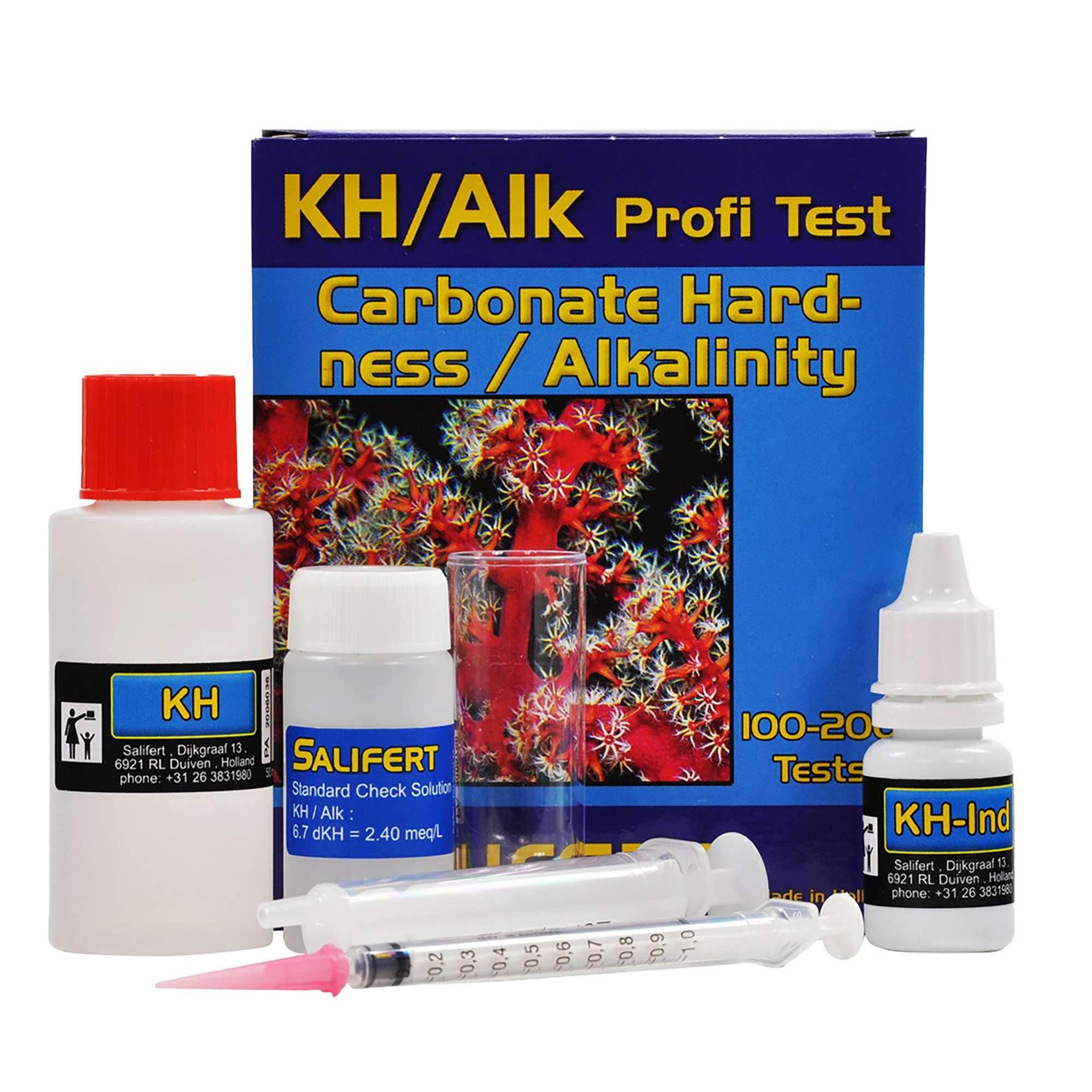 Salifert KH/Alk test kit shows precise carbonate hardness readings for reef and freshwater tanks.