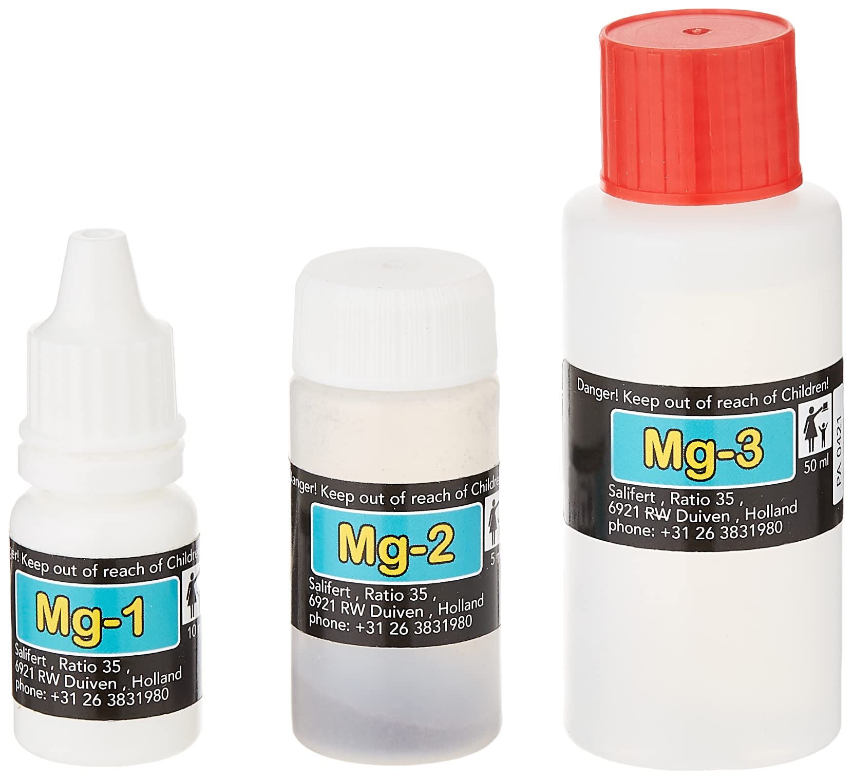 Salifert magnesium test kit tubes spread, highlighting at-home measurement ease.