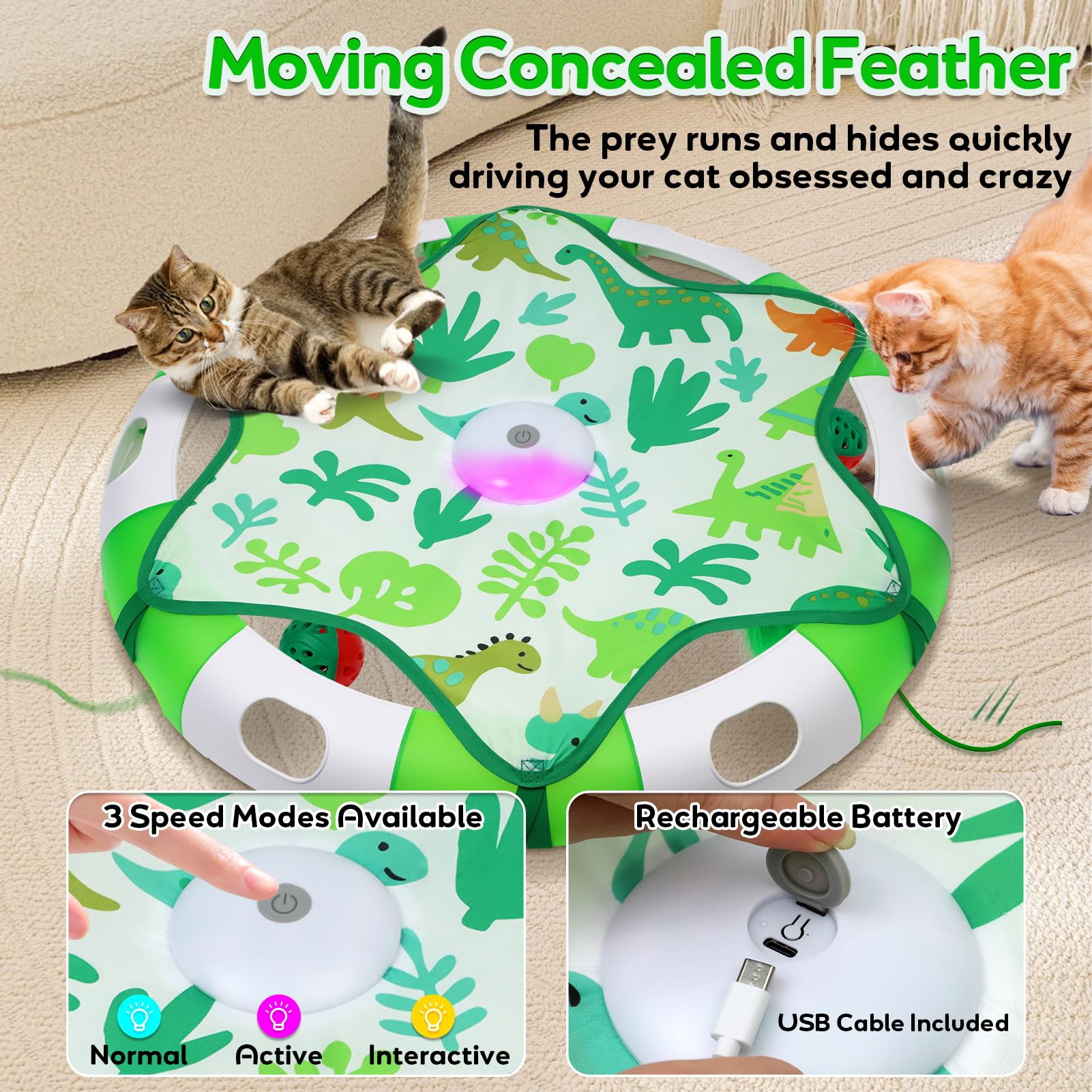 Salodal three-speed modes let you tailor play to your cat's energy.