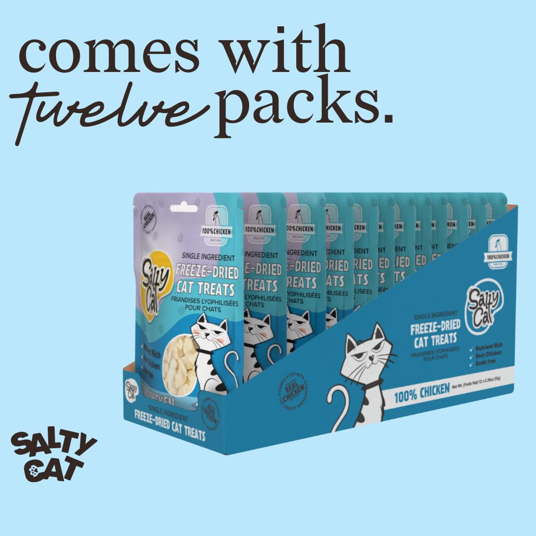 Salty Cat 12-pack display shows convenient, ready-to-serve cat treats.
