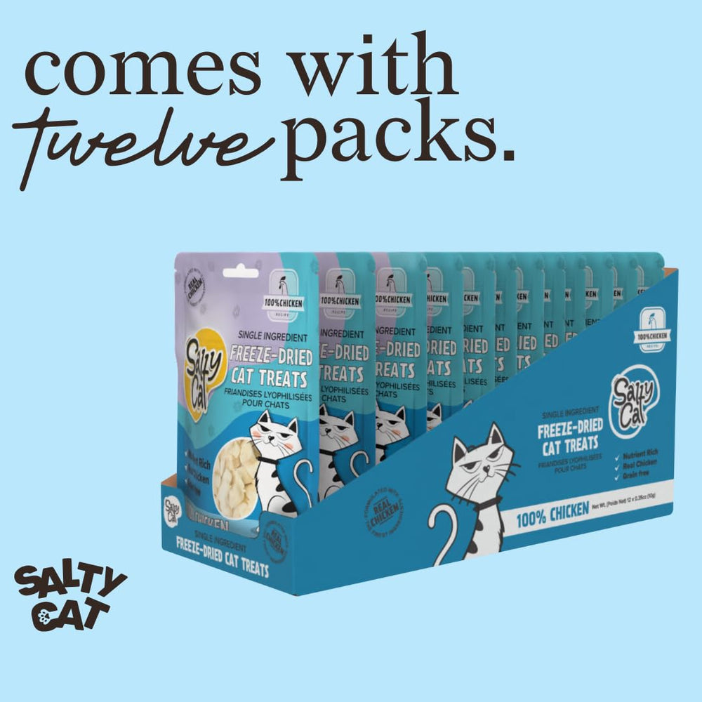 Salty Cat 12-pack display shows convenient, ready-to-serve cat treats.