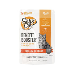 Salty Cat Benefit Booster cat drinking water beside food