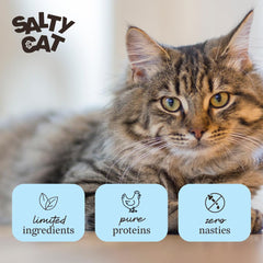 Salty Cat single-ingredient chicken bites in a tray showing pure protein.