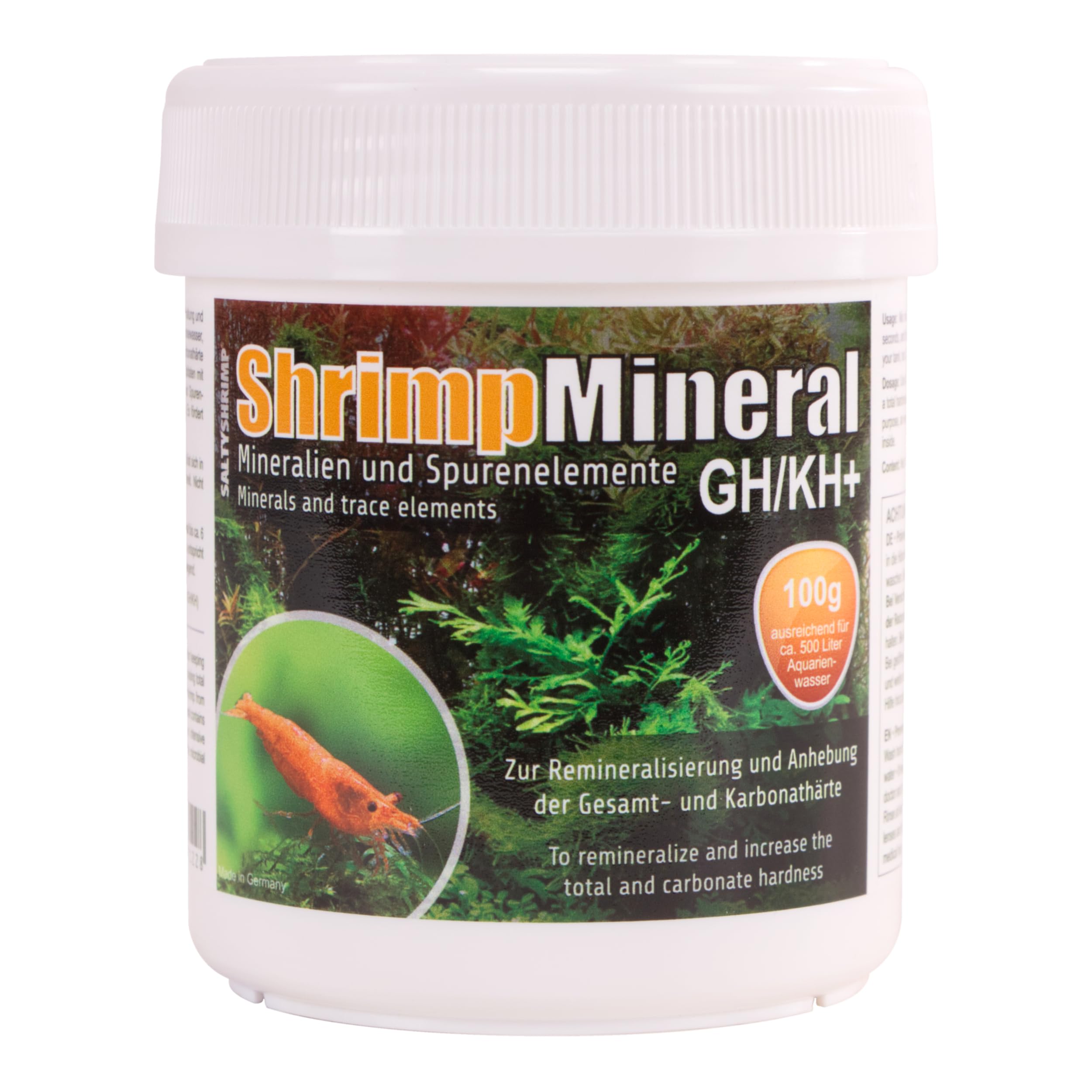 SaltyShrimp Shrimp Mineral GH/KH+ bottle front view highlighting mineral-rich formula for aquatic life