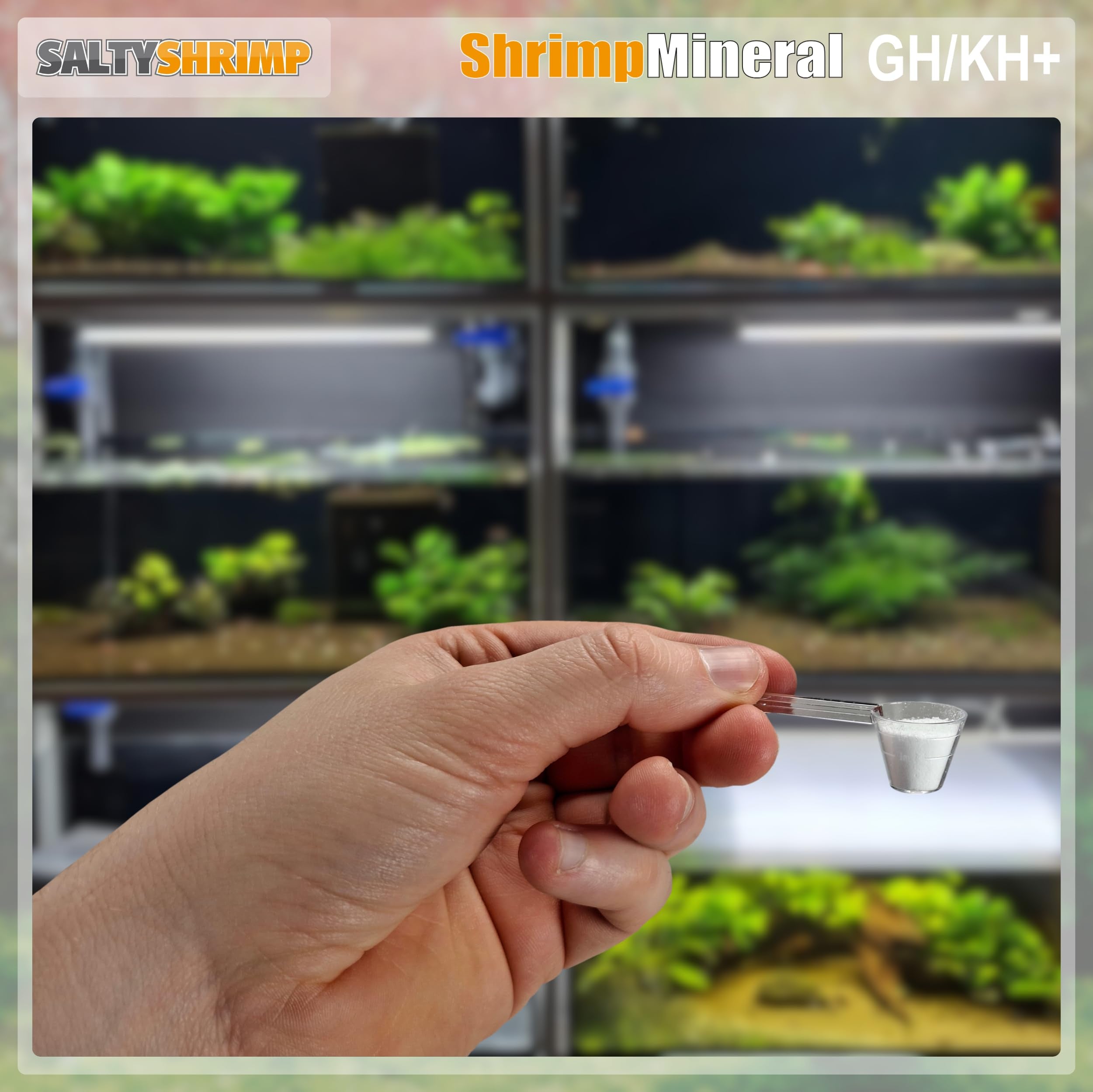 SaltyShrimp Shrimp Mineral GH/KH+ bottle pour demonstrating easy dosing for softwater shrimp