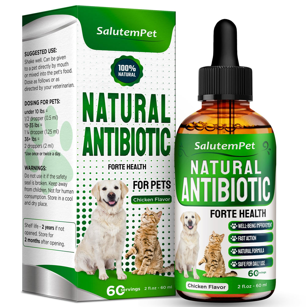 SalutemPet Antibiotics Forte Health bottle on counter for broad pet support