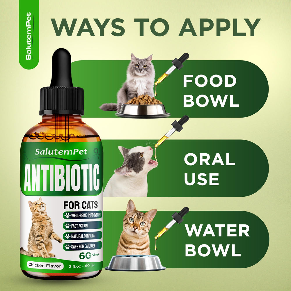 SalutemPet Cat Antibiotic herbal blend bottle on a clean surface.