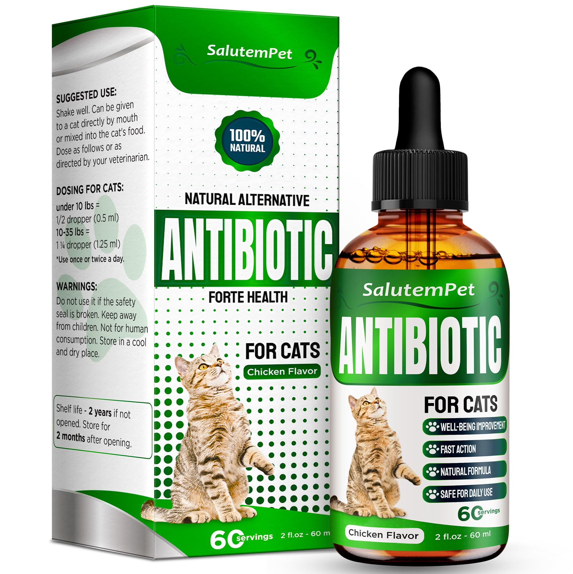 SalutemPet Cat Antibiotic bottle with liquid formula for daily care.