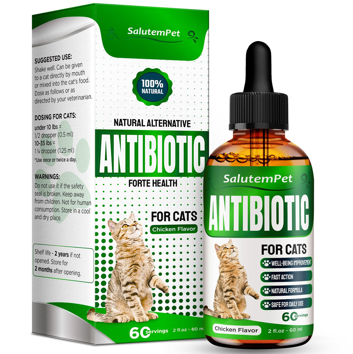 SalutemPet Cat Antibiotic bottle with liquid formula for daily care.