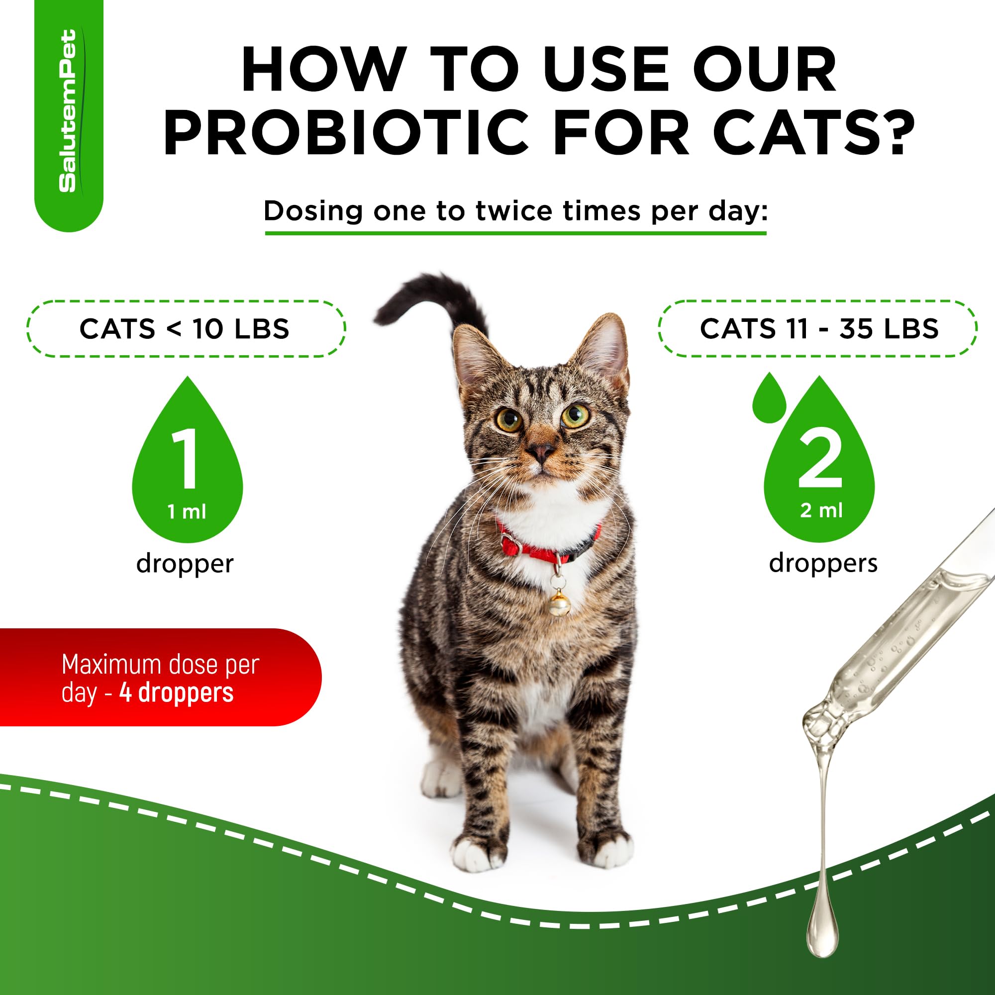 SalutemPet probiotic liquid format showing universal use for all breeds.