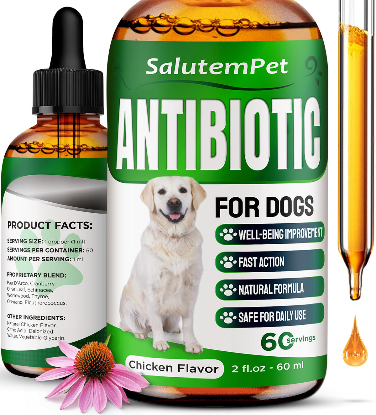 SalutemPet antibiotic bottle with dropper for easy dosing in dogs.