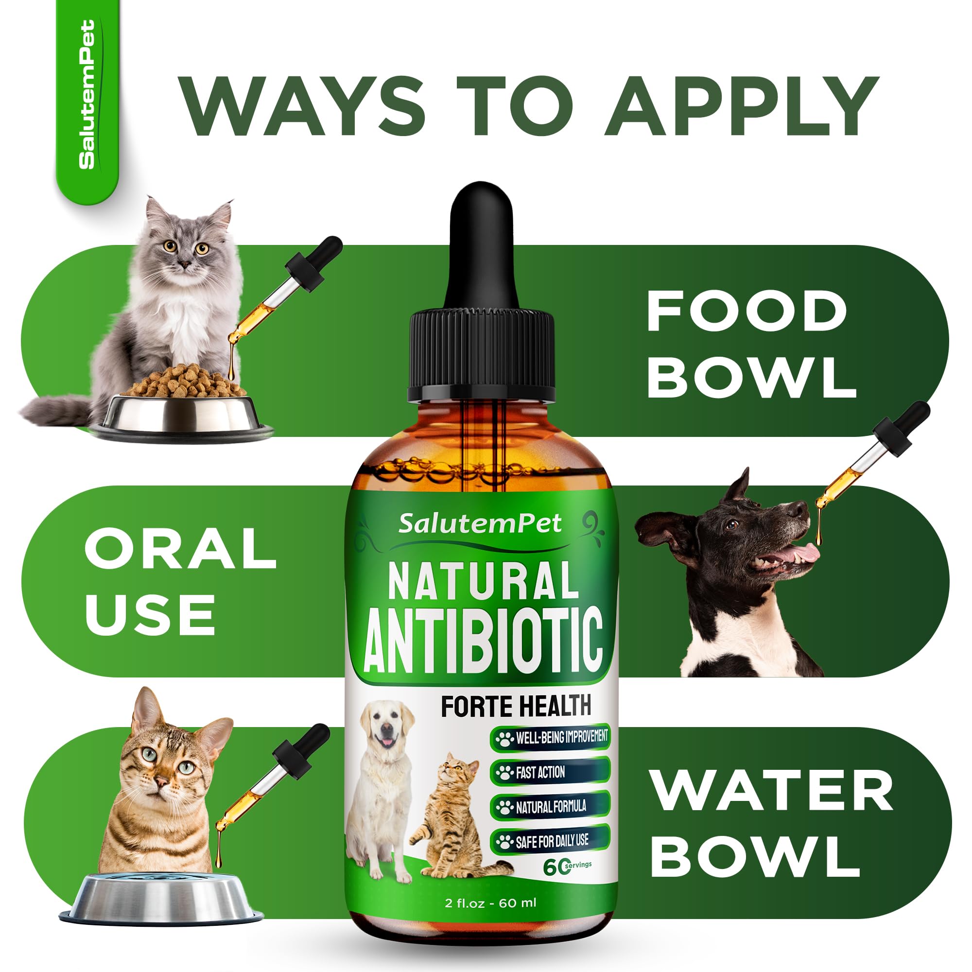 SalutemPet herbal oregano oil cat label highlighting aromatic blend for feline care
