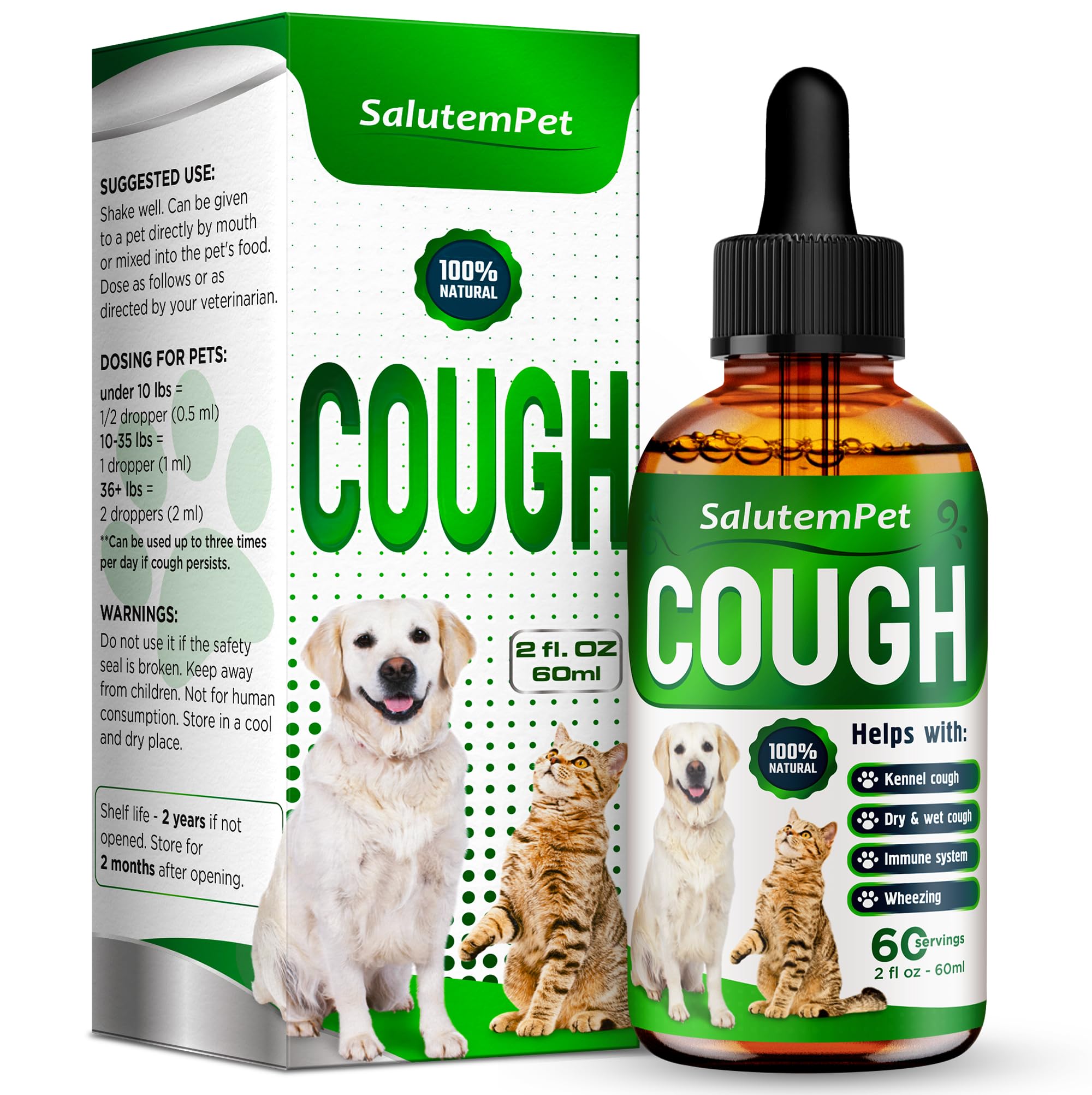 SalutemPet Kennel Cough Liquid Bottle for easy dosing and potential breathing support.
