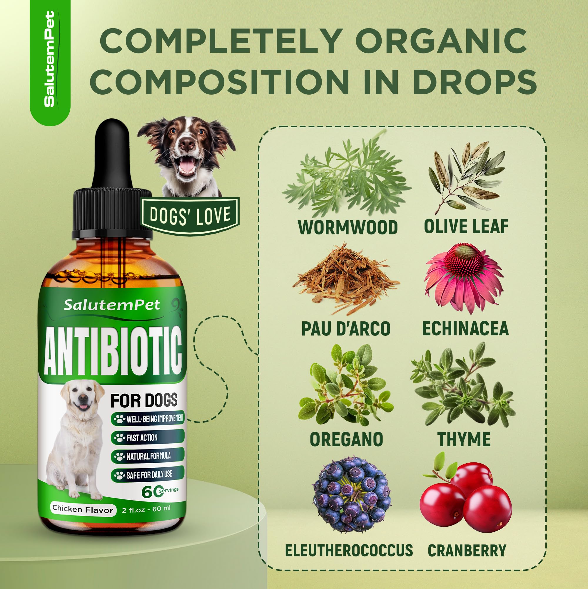 SalutemPet liquid drops designed for easy dosing in dogs.