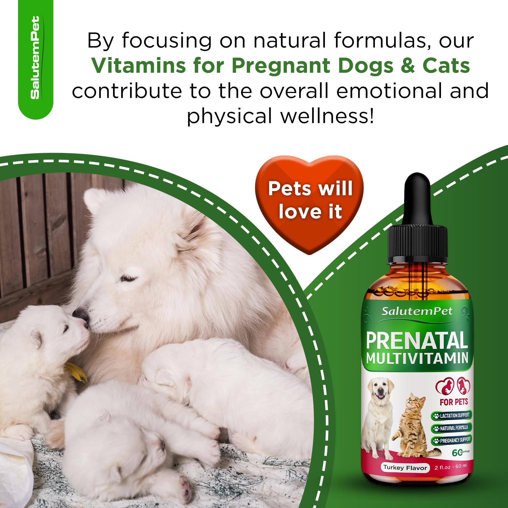 SalutemPet prenatal bottle and drops pictured for easy supplementation.