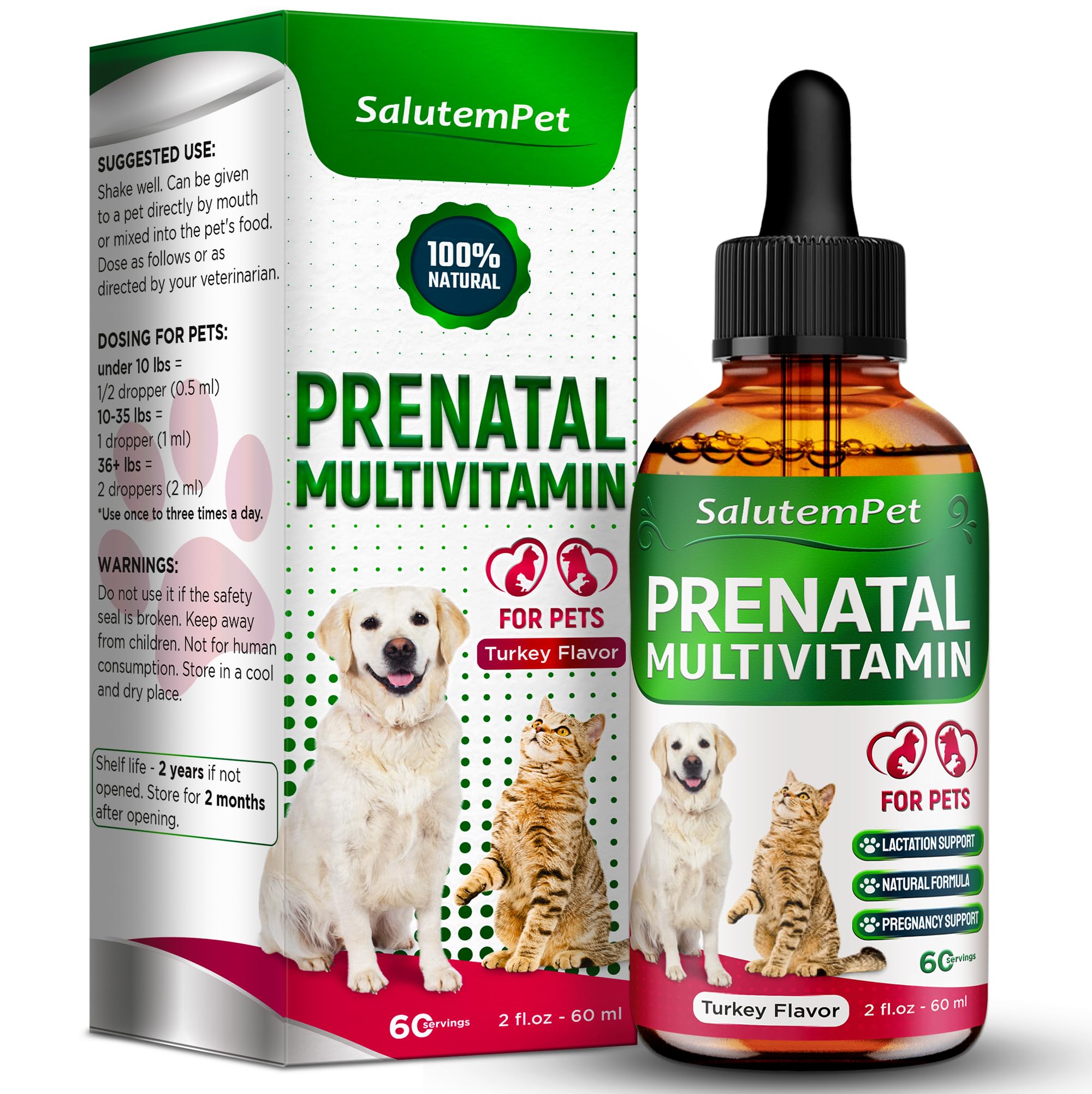 SalutemPet Prenatal dog vitamin bottle with turkey flavor for maternal support.