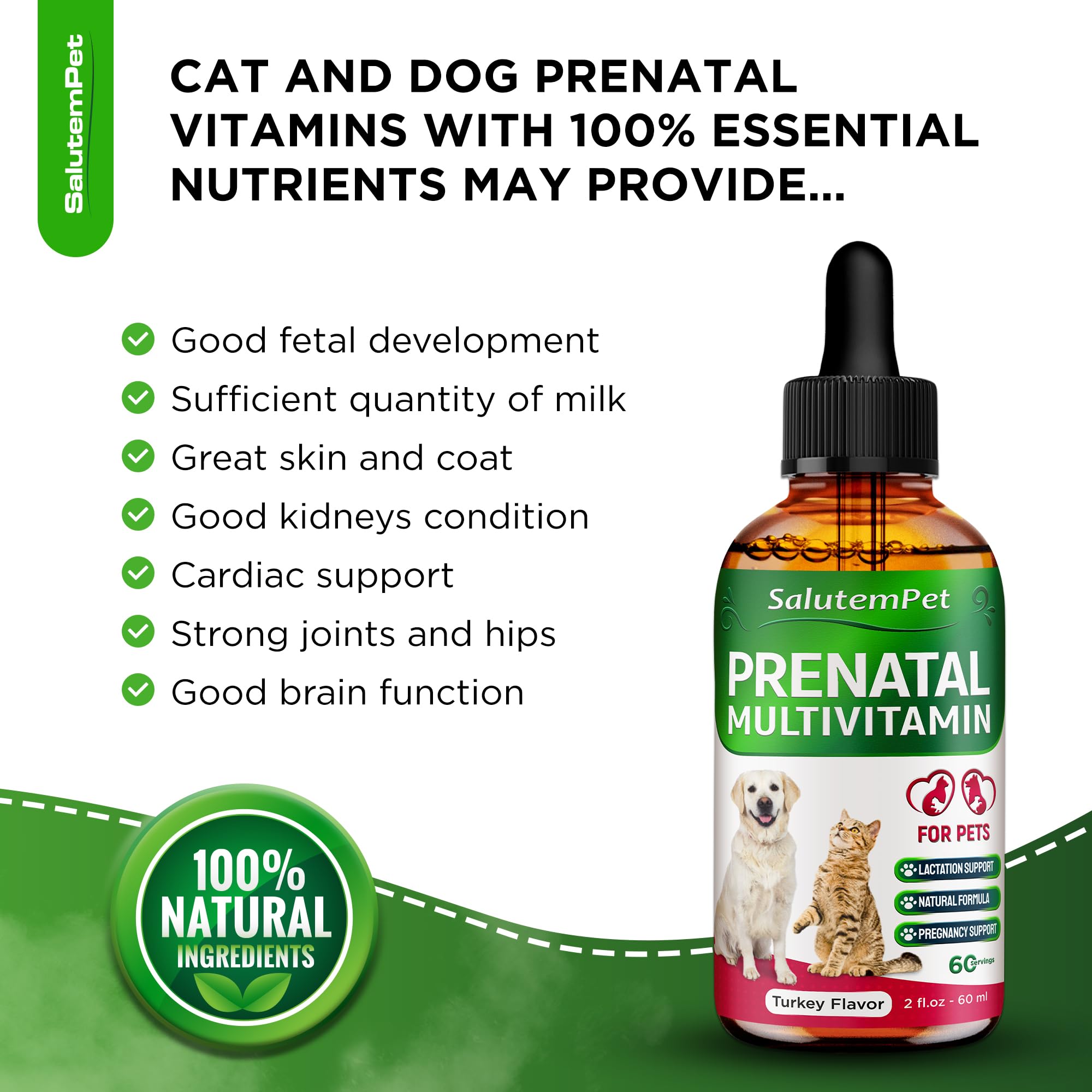 SalutemPet prenatal liquid drops close-up for easy pet dosing.
