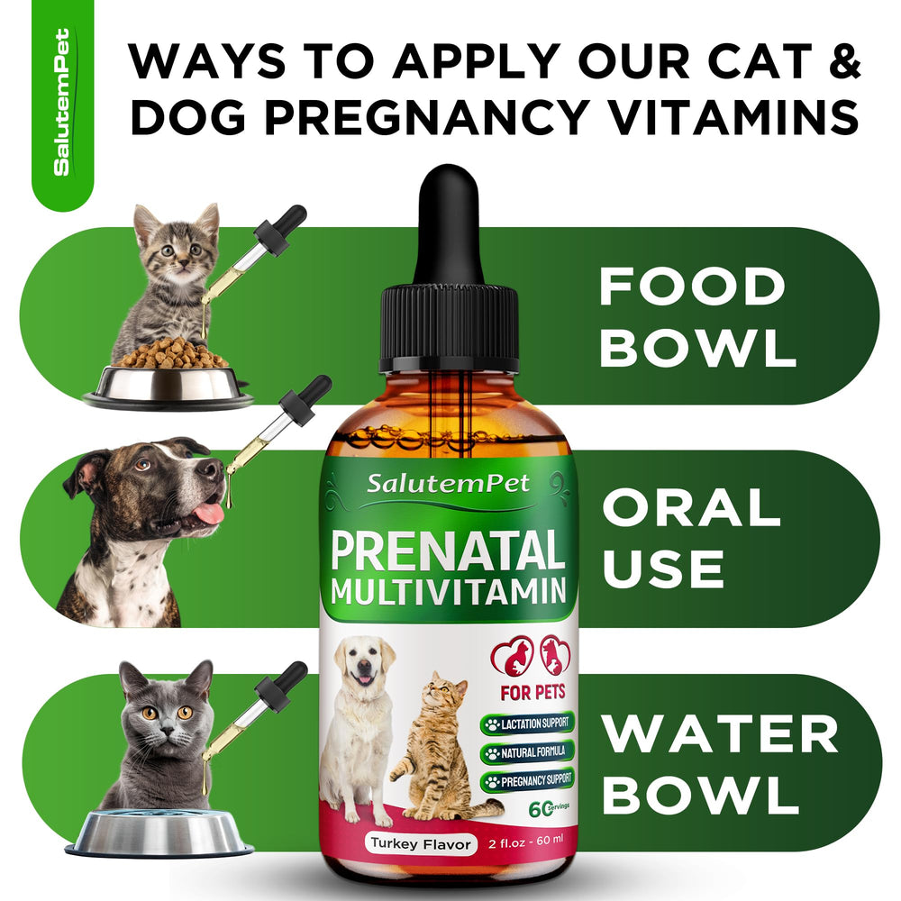 SalutemPet prenatal bottle pours drops for simple administration.