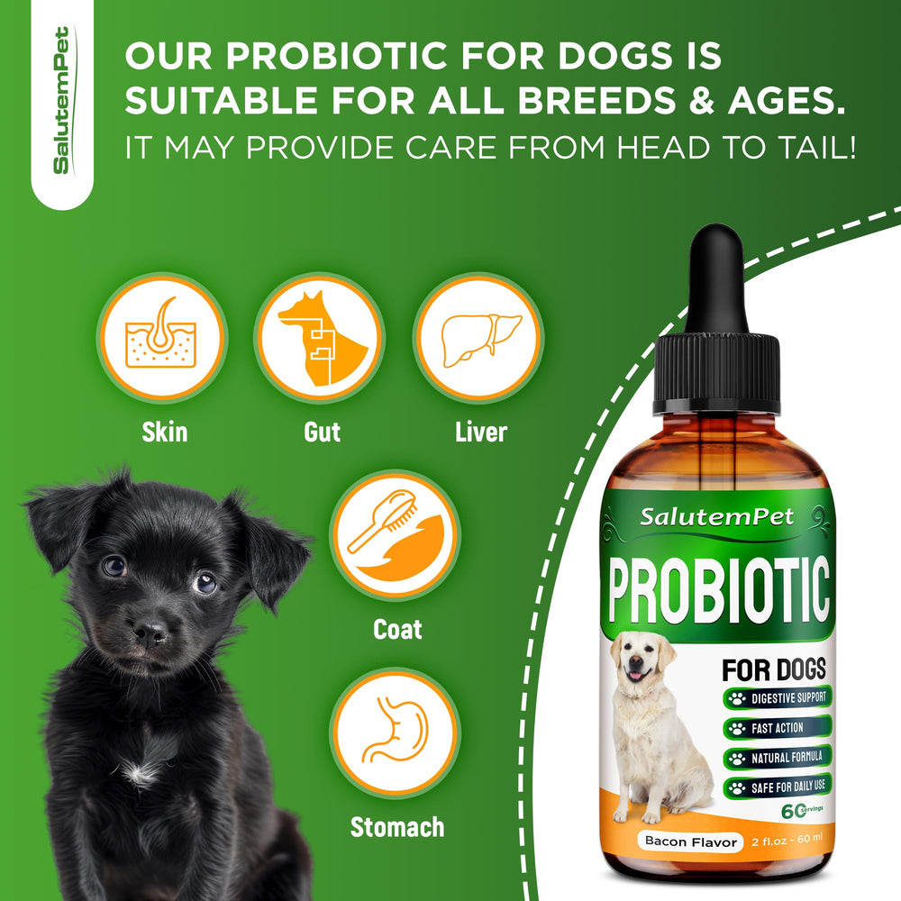 SalutemPet Probiotics bottle dispense demonstrates quick serving for daily gut balance