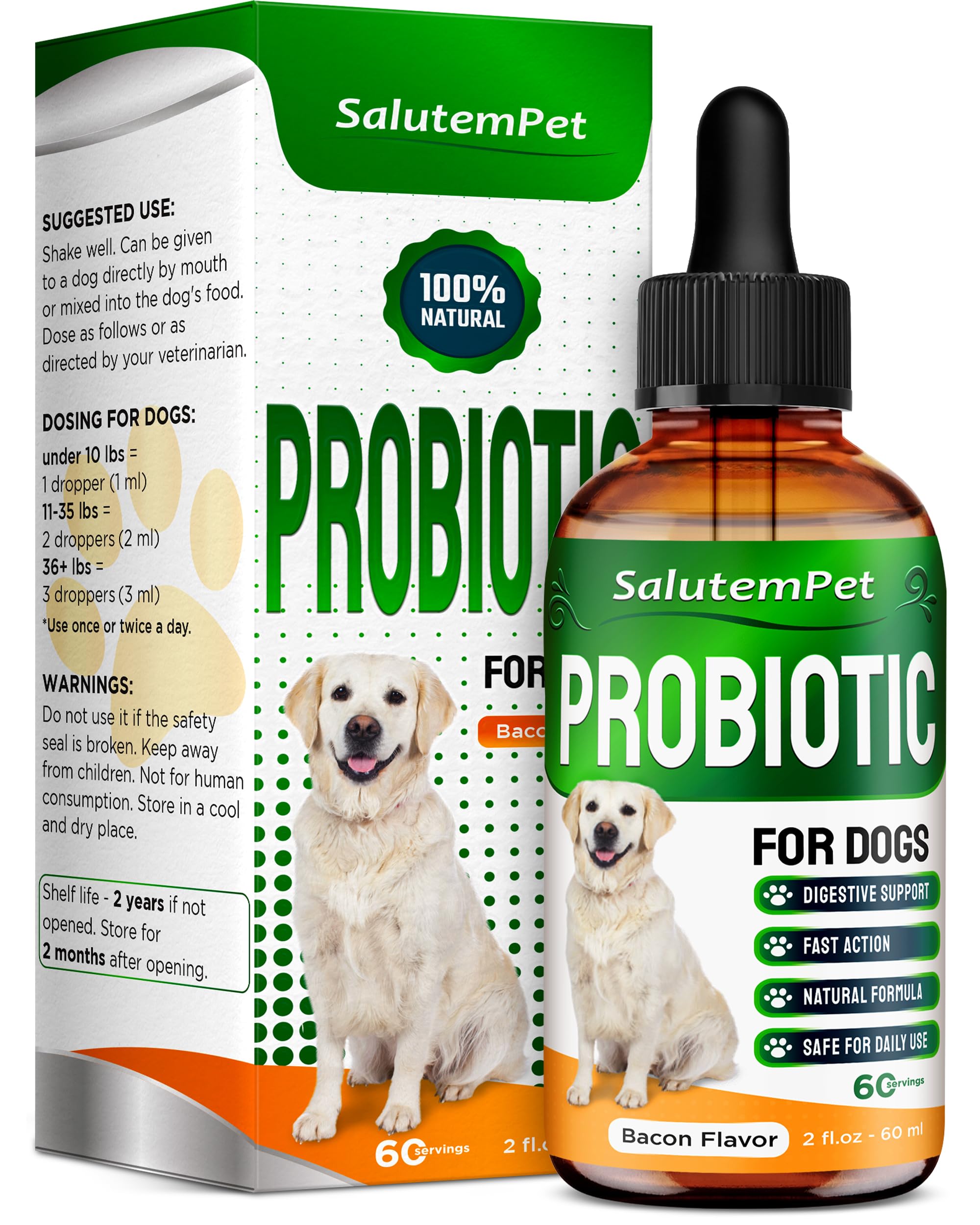 SalutemPet Probiotics for Dogs bottle pour showing easy dosing for digestion support