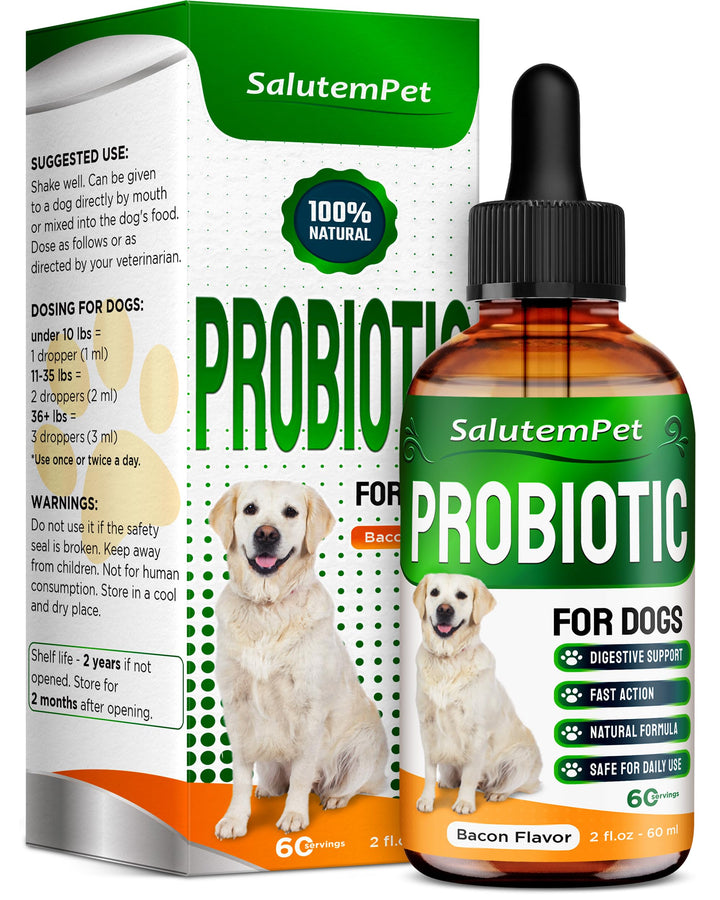 SalutemPet Probiotics for Dogs bottle pour showing easy dosing for digestion support