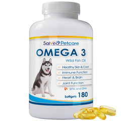 Salveo Petcare Omega-3 Dogs bottle showcases a pure supplement for a glossy coat.