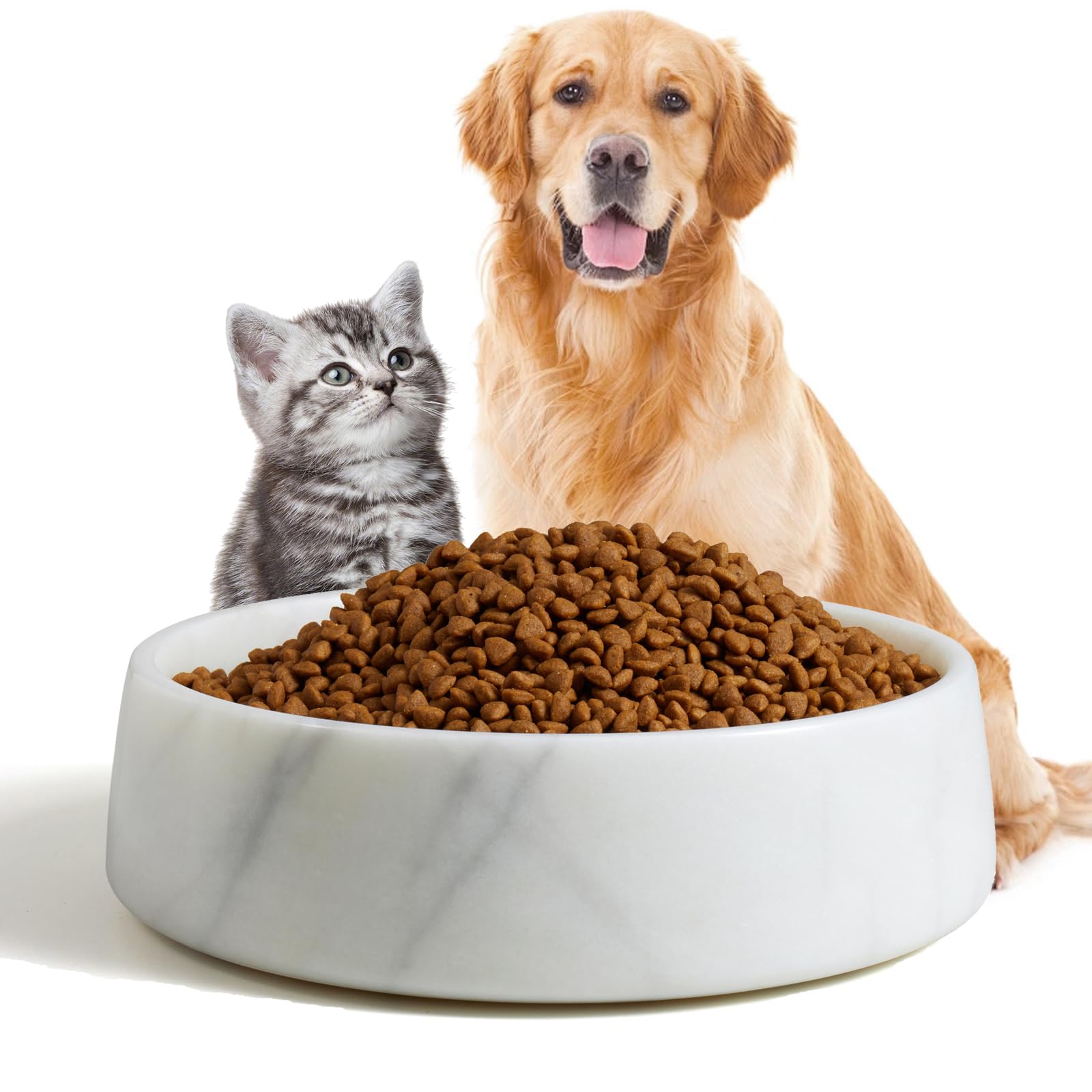 SAMAH white marble dog bowl closeup texture showing premium design and elegance.