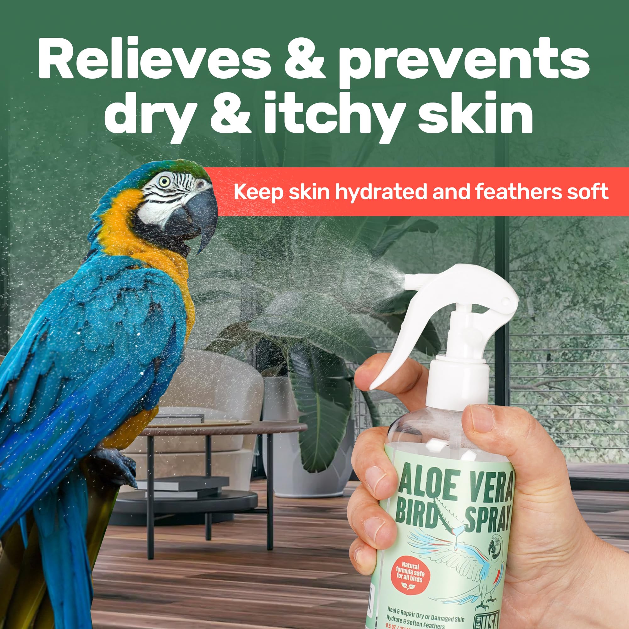 Samorillo Aloe Vera Bird Spray mist application for easy daily bird grooming.