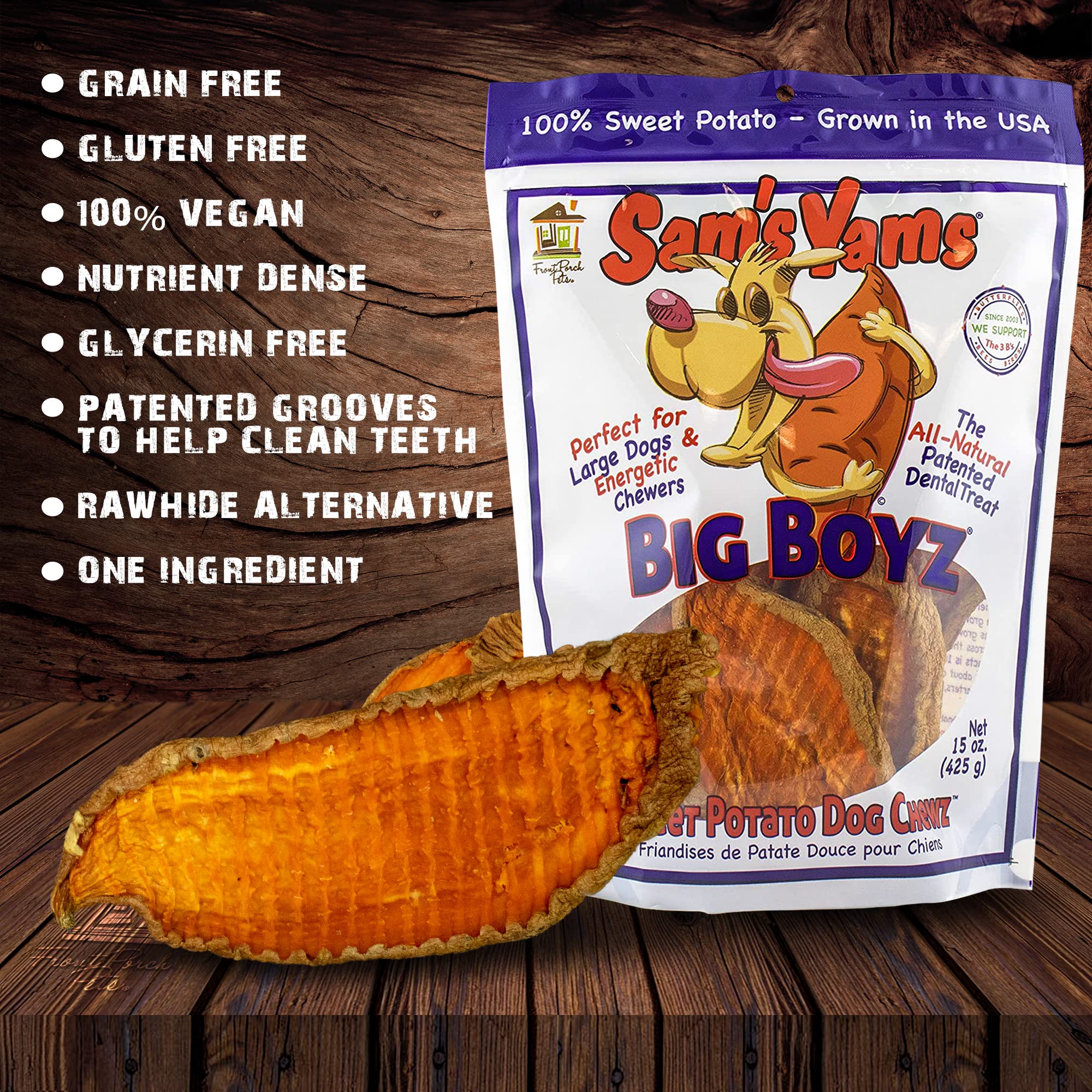 Ingredients panel highlighting 100% natural sweet potatoes and vegan formula.