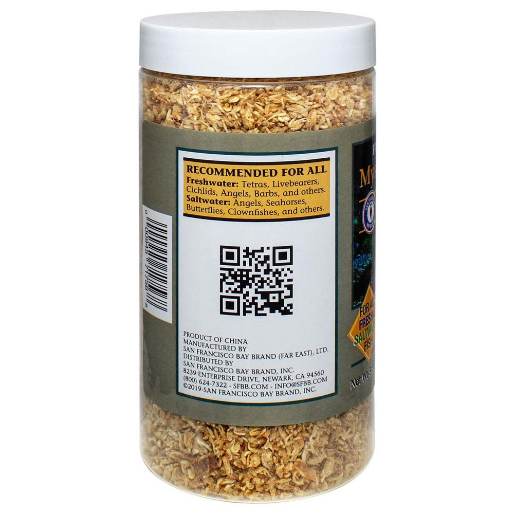San Francisco Bay Brand Freeze-Dried Mysis Shrimp bottle label emphasizes balanced nutrition for diverse aquarium species.