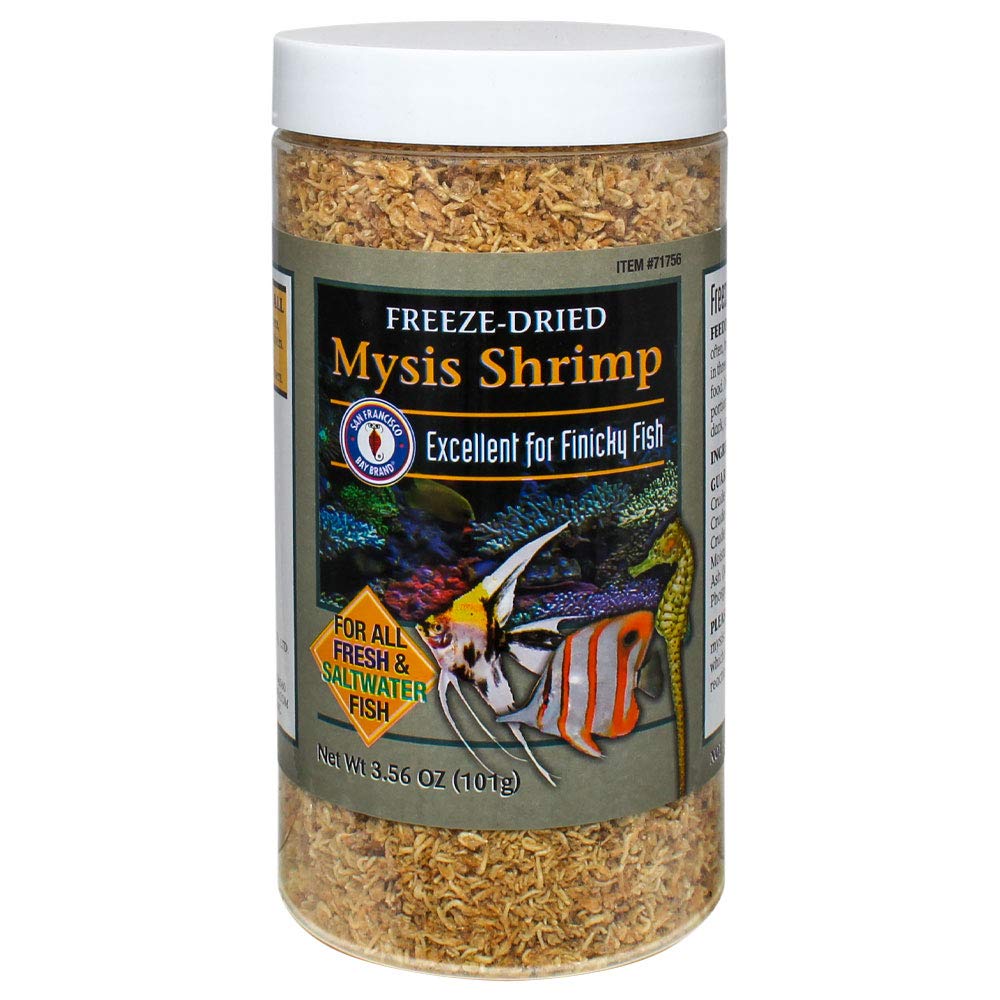San Francisco Bay Brand Freeze-Dried Mysis Shrimp package front highlights premium protein for vibrant, active fish.
