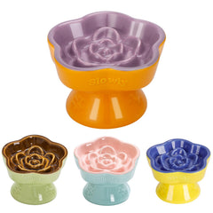 S&Q's Ceramics raised slow feeder cat bowl with purple flower design for mindful eating