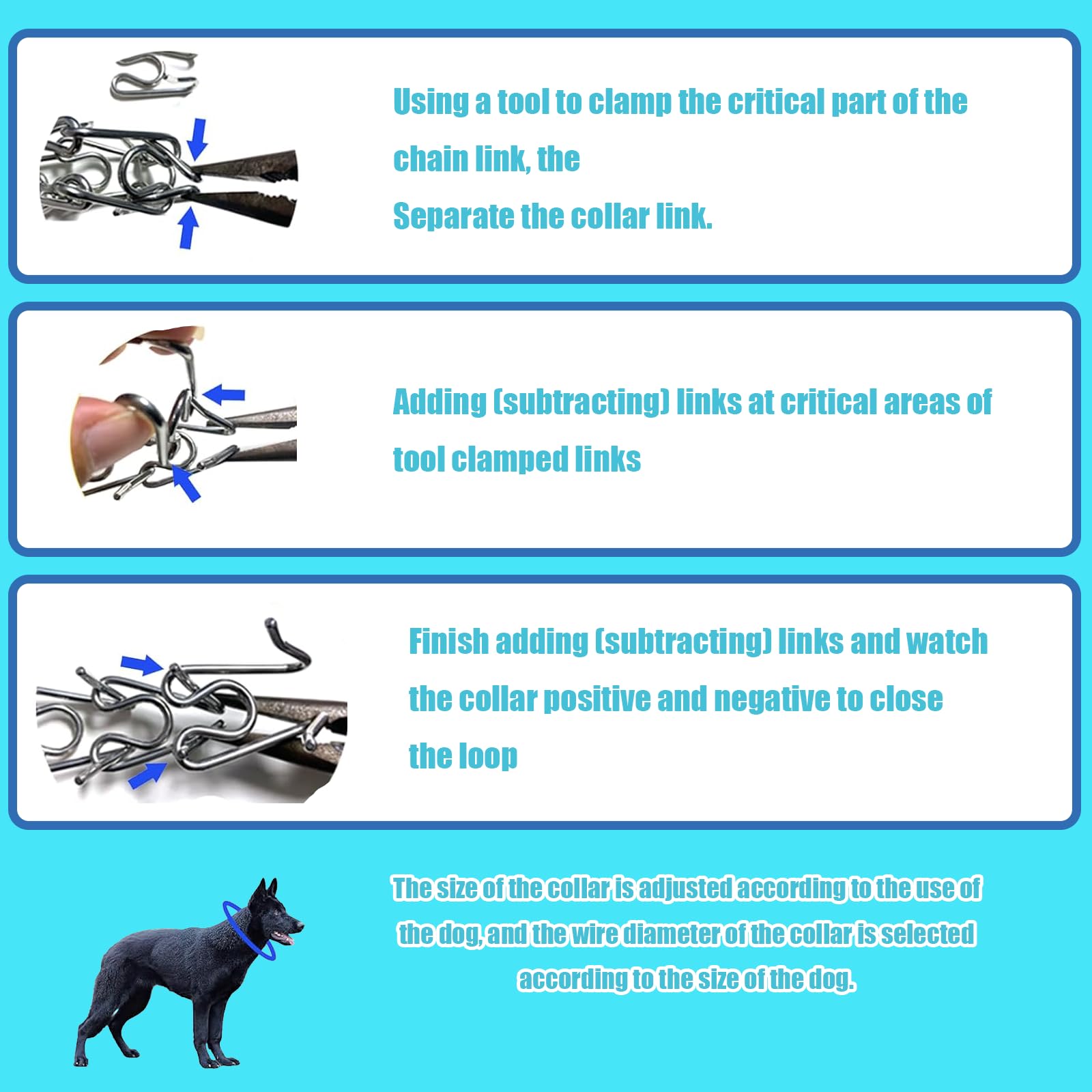 SANFENGPET step-by-step size adjustment with extra links and caps.