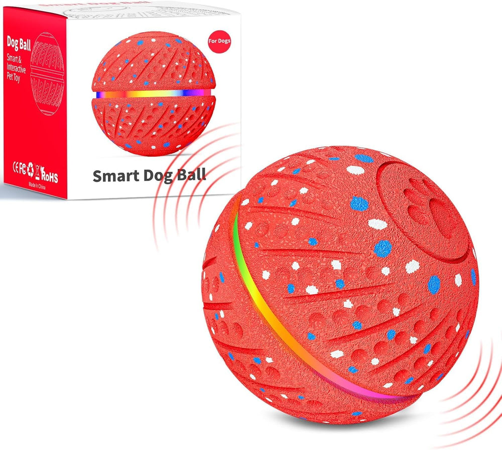 Sankell Interactive Dog Ball with RGB lights engaging dogs at night.