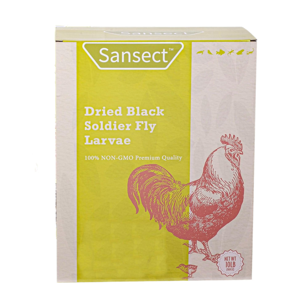 SANSECT Dried BSFL larvae 10lb bag, calcium-rich poultry supplement.