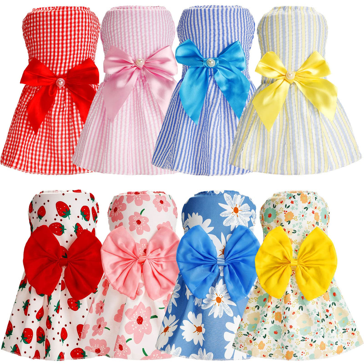 Sanwuta eight piece bowknot dog dress set with flower pattern for stylish walks.