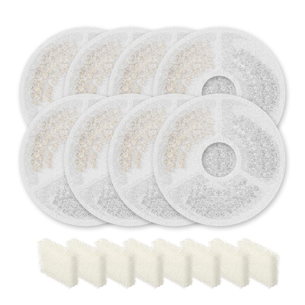 Sarpaws 8-pack replacement filters for cat fountains improve water clarity.