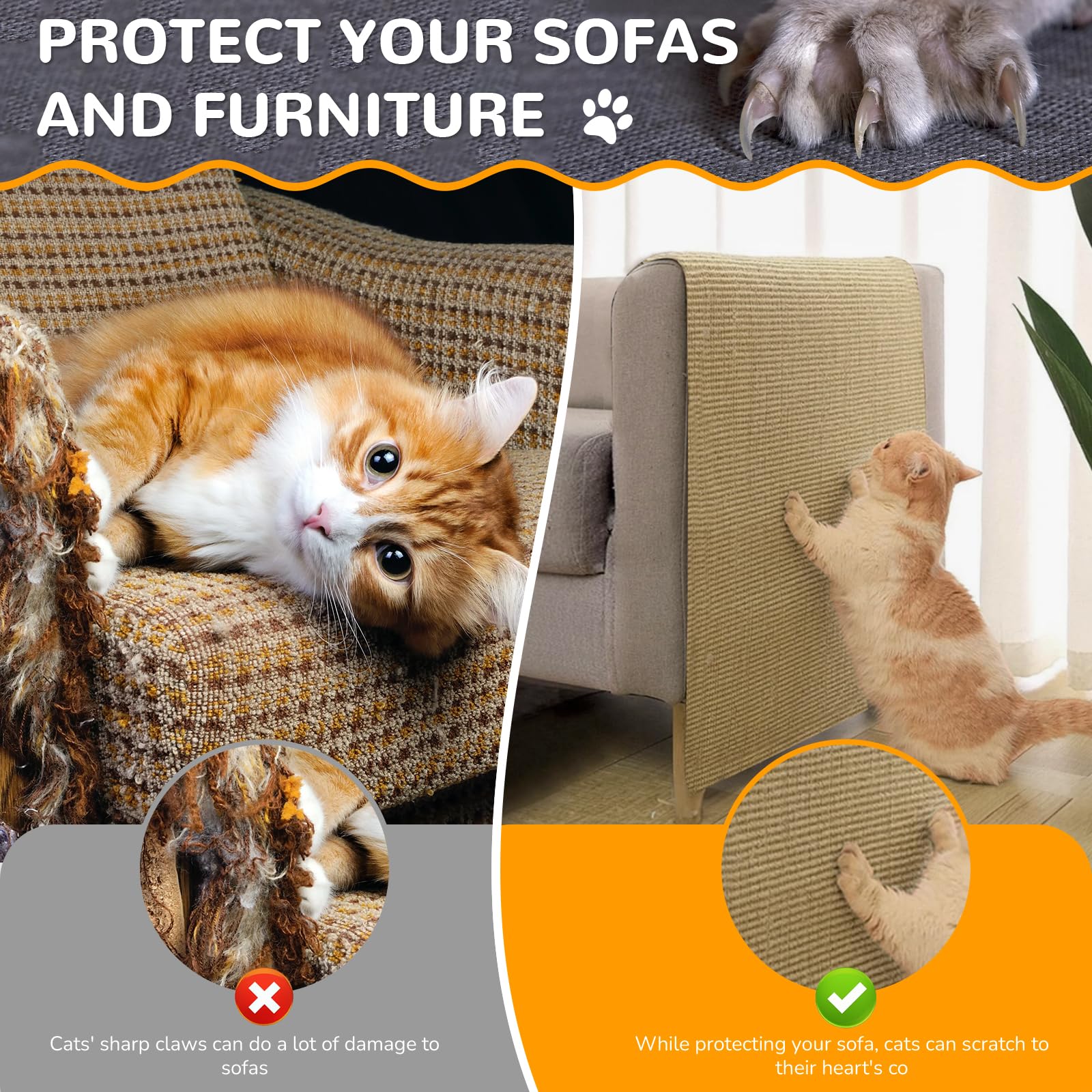 SATFOIV jute mat on sofa protects furniture from claws.