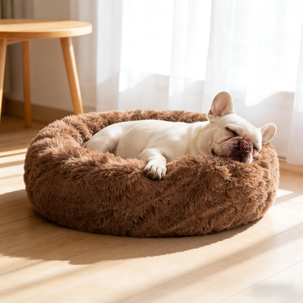 SAVFOX 23-inch calming donut dog bed close-up highlighting plush fur for cozy security