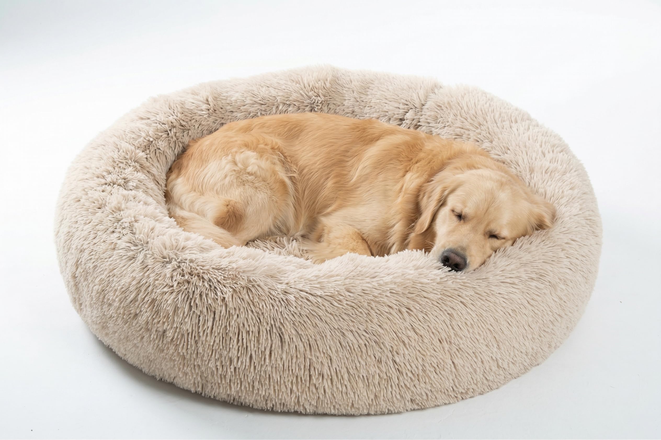 SAVFOX 36in calming donut bed with beige plush fur for cozy warmth and comfort