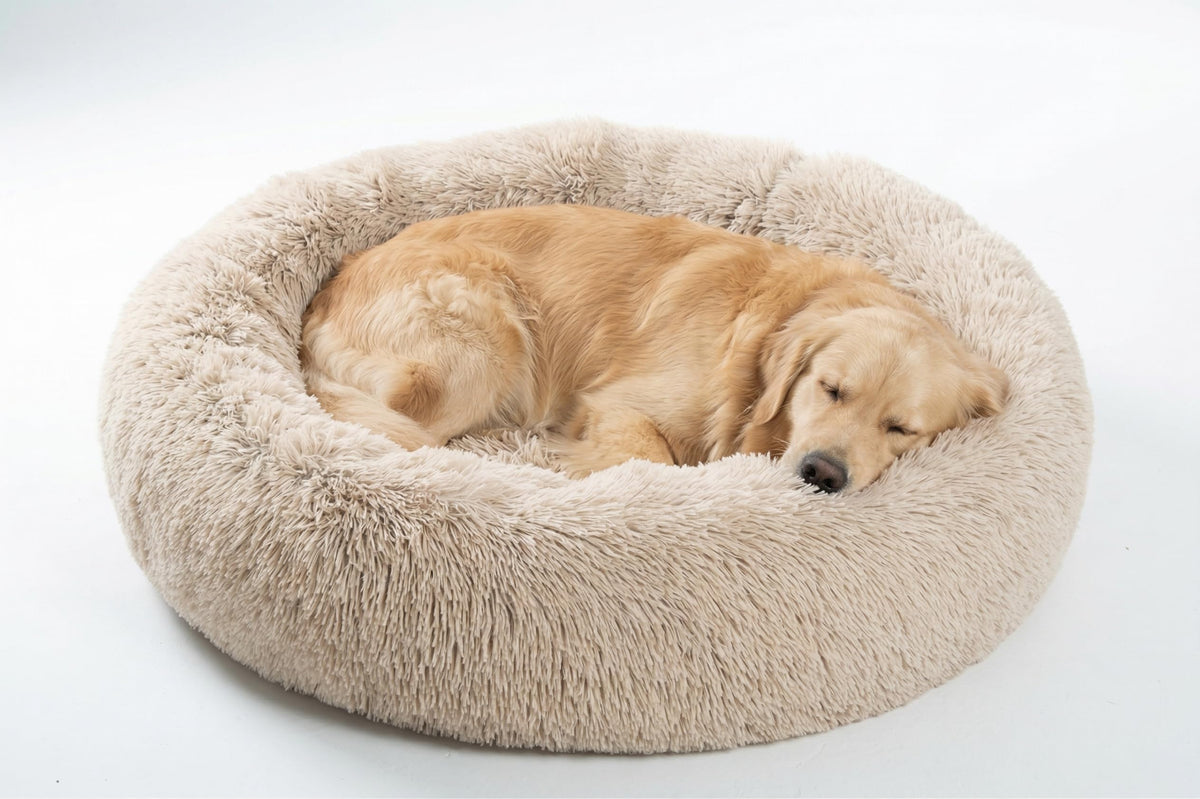 SAVFOX 36in calming donut bed with beige plush fur for cozy warmth and comfort