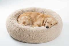 SAVFOX 36in calming donut bed with beige plush fur for cozy warmth and comfort