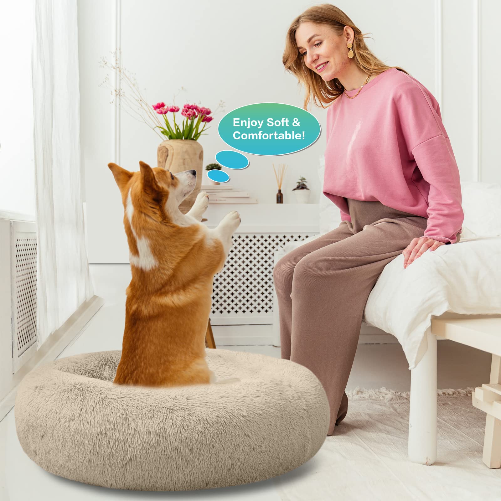 SAVFOX calming donut bed beige color complements home decor and pet space