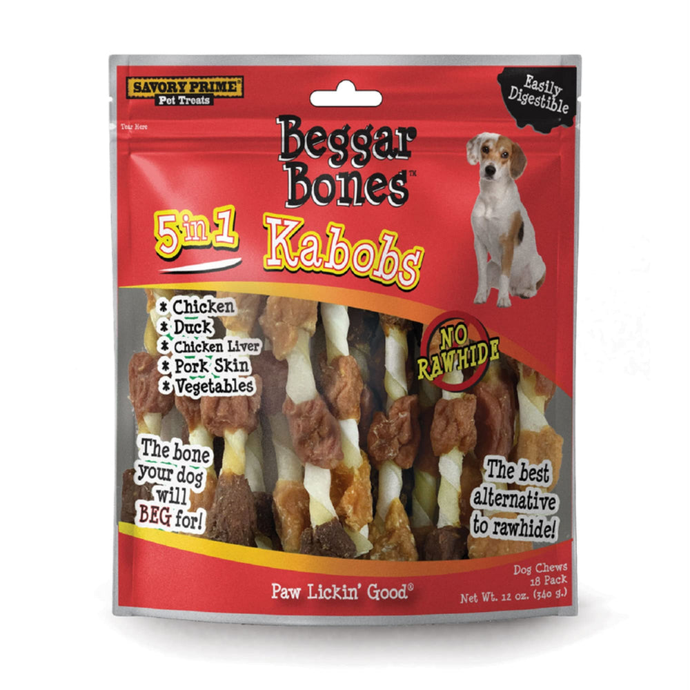 Savory Prime Beggar Bones 8-inch kabobs for dogs; grain-free treat ideal for training rewards.