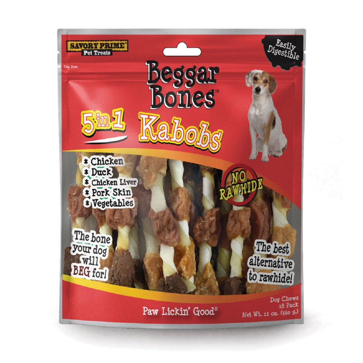 Savory Prime Beggar Bones 8-inch kabobs for dogs; grain-free treat ideal for training rewards.