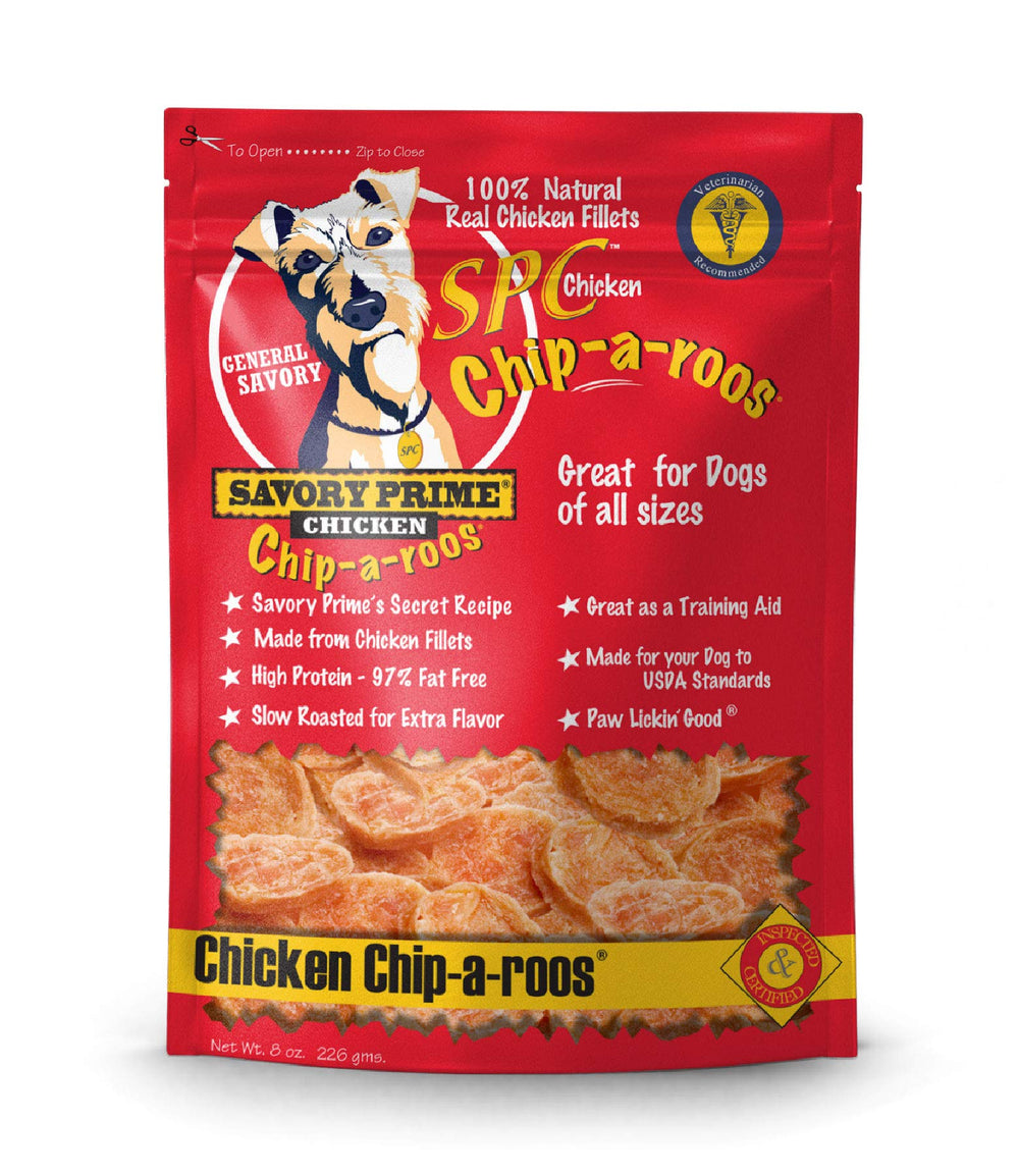 Savory Prime Chicken Chip-A-Roos 8oz bag, protein-rich dog snack.