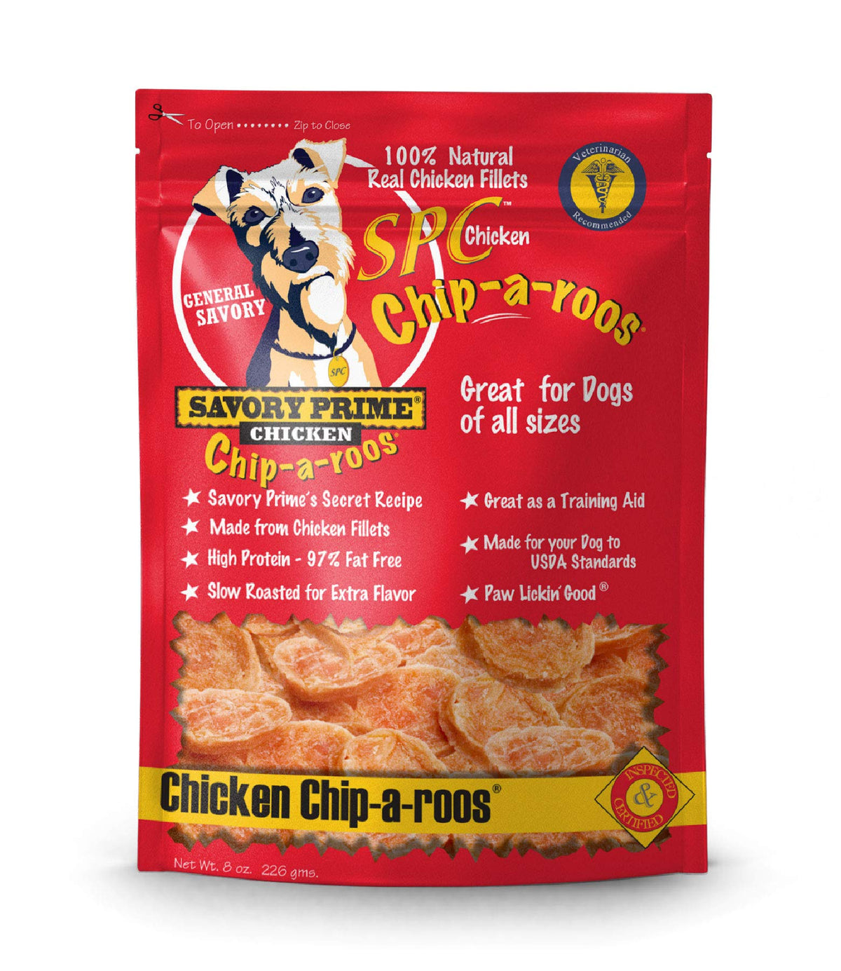 Savory Prime Chicken Chip-A-Roos 8oz bag, protein-rich dog snack.