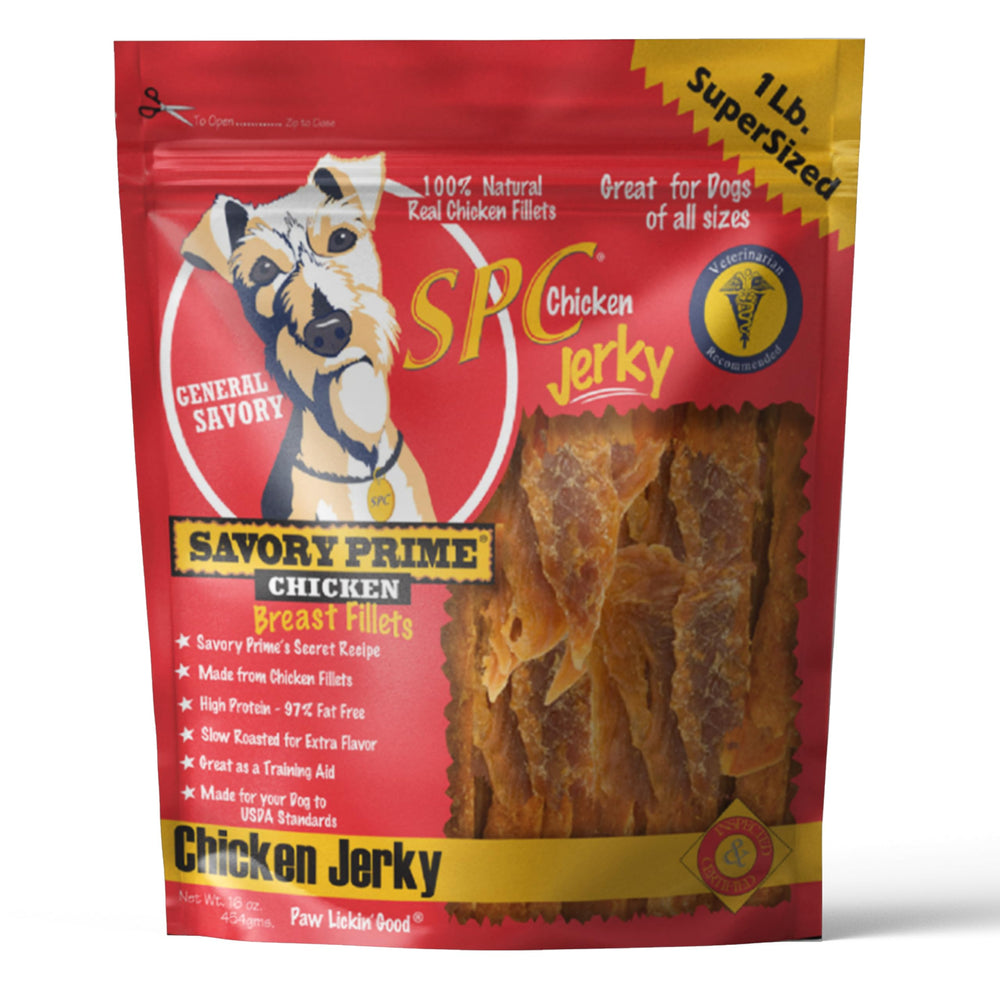 Savory Prime chicken jerky treats packaging, ideal for training rewards.