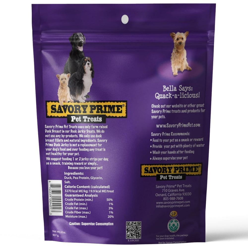 Savory Prime Duck Jerky treats suitable for dogs of all sizes