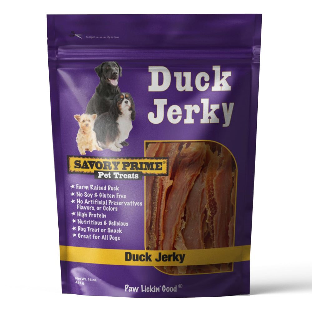 Savory Prime Duck Jerky Treats pack shows real duck breast for a high-protein snack.